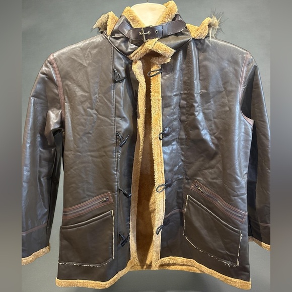 Unbranded Other - MEN HOODCOAT LEATHERLIKE FINISH PLUSH LINING TOGGLES BUCKLES 48 CHEST STREETWEAR